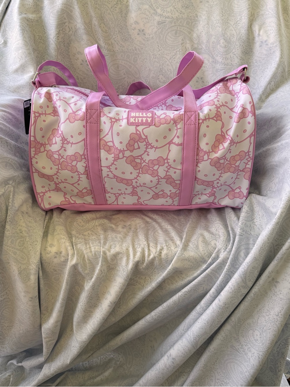Hello Kitty Pink and White Travel Duffle Bag with silicone face zipper pull